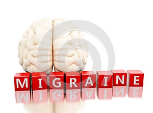 3d Human brain with migraine word in cubes photo