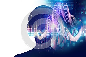 3d illustration of human with headphone on Audio waveform abstract technology background