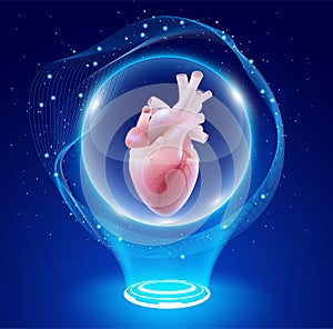 3D illustration of a human heart in a crystal ball gives a feeling of miracle for heart disease patients