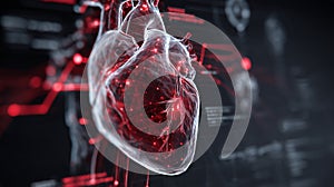 3D illustration of a human heart with glowing veins and digital interface background