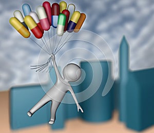 3d illustration human man figure flying on antidepressant pill balloons photo
