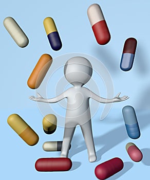 3d illustration human man figure juggle drug antidepressant pill on blue photo