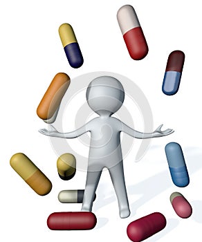 3d illustration human man figure juggle drug antidepressant pill isolated on white photo