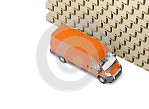 3d illustration. Inaccurate package handling and delivery. Heap of boxes and red van. White background. photo