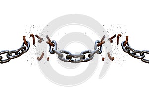 3d Illustration of an iron chain broken under the pressure of the force of attraction.