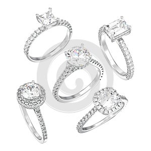 3D illustration isolated five different silver decorative diamond rings