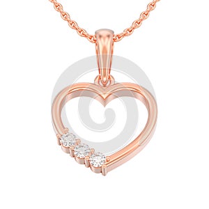 3D illustration isolated red rose gold diamond heart necklace on