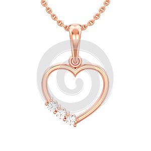 3D illustration isolated jewelry rose gold diamond heart necklace on chain