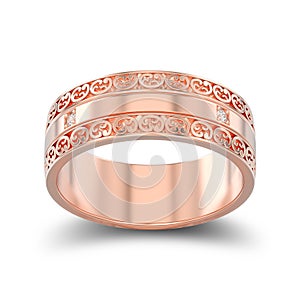 3D illustration isolated rose gold decorative wedding bands carved out ring with ornament with shadow