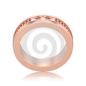 3D illustration isolated rose gold engagement wedding anniversary band diamond ring with reflection