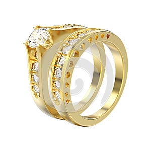 3D illustration isolated set of two yellow gold decorative diamond rings with hearts ornament