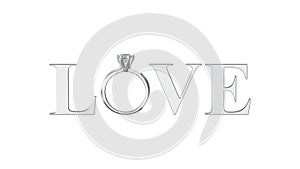 3D illustration isolated silver text word love with diamond wedding silwer ring on a white background