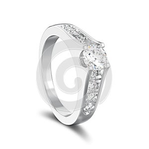 3D illustration isolated white gold or silver decorative engagement wedding diamond ring with shadow