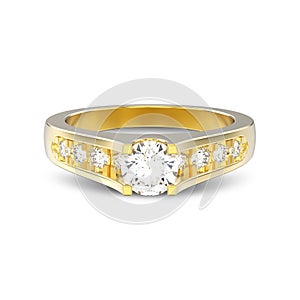 3D illustration isolated yellow gold decorative engagement wedding diamond ring with shadow