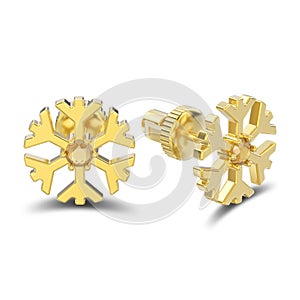 3D illustration isolated yellow gold diamond snowflake stud earrings with shadow