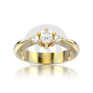 3D illustration isolated yellow gold three stone diamond ring wi