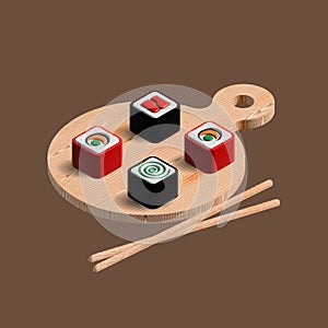 3d illustration, Japanese sushi food on a wooden board with wooden chopsticks. Icon, colorful design