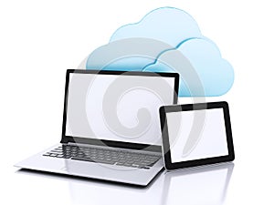 3d illustration. laptop pc and tablet . Cloud computing concept