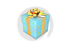 3d illustration: Light blue gift box with yellow star, golden metal ribbon / bow and tag on a white background isolated.