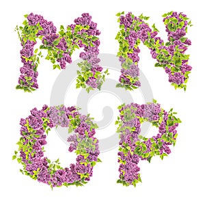 3D illustration of Lilac flowers alphabet - letters M-P photo