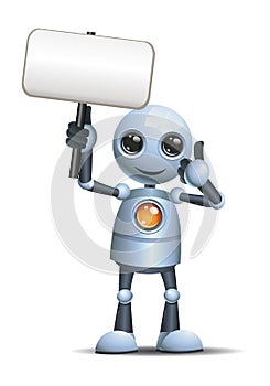 3d illustration of little robot business thumb up while holding banner photo
