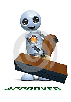 3d illustration of little robot business thumb up while holding stamp of approval