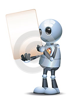 3d illustration of little robot hold besides blank sign communication in shy photo