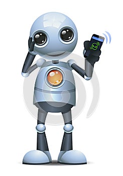 3d illustration of little robot hold handphone communication confuse to answer a call