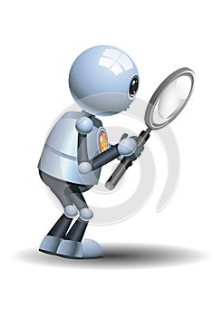 little robot holding magnifier doing research and observation in awe