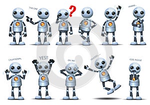 3d illustration of  little robot  set representing basic posture gesture photo