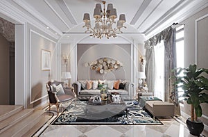 Living room interior in european style 3D illustration photo