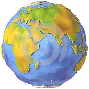 3D Illustration of Low Poly Earth. Polygonal Globe. Africa and Eurasia