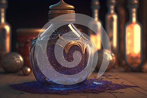 3D illustration of magic potion in crystal bottle. Halloween background.