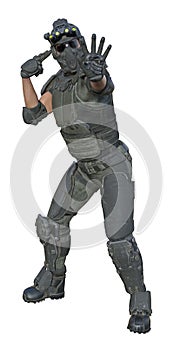 Illustration of a male soldier in full gear looking forward with one hand out and the other to his head saying stop and think