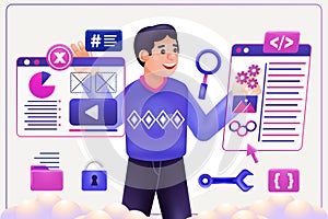 3d illustration of man doing coding and programming