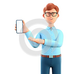 3D illustration of man holding smartphone and showing at screen. Close up portrait of smiling businessman pointing hand at phone