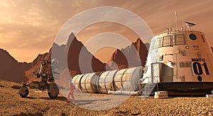 Mars colony. Expedition on alien planet. Life on Mars. 3d Illustration. photo