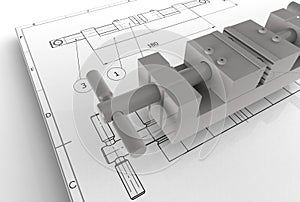 3d illustration of mechanical drawing with detail