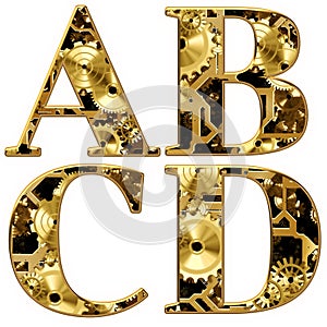 3D illustration Mechanical gears Cogs alphabet