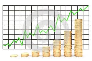 3d illustration: Metal copper-gold coins graph chart stock market with green line - arrow on a white background isolated. Profit