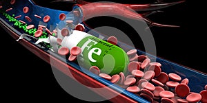 3d Illustration of Mineral Iron Capsule dissolves in the vien