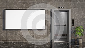 3D illustration. Mockup billboard and two elevators. Useful for your advertising. Panoramic 3D rendering