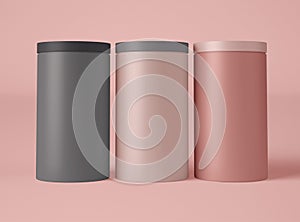 3D Illustration. Mockup of three blank tin can packaging