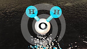 3D Illustration model of the water molecule H2O, H2O floating over water ,water chemical formula