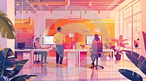 3D illustration of a modern office workspace with employees working on computers