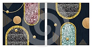 3d illustration of modern wall frame canvas flat art. with colorful marble shapes in a black background