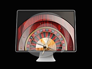 3d illustration of Monitor with casino roulette wheel on screen. Gambling app concepts.