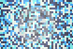 3d illustration: mosaic abstract background, colored blocks white, light and dark blue, turquoise, azure color. Ice winter.