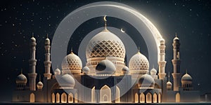 3d illustration of mosque and moon at night, Ramadan Kareem background