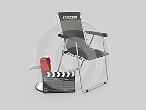 3d Illustration of movie director chair with clapperboard and megaphone photo